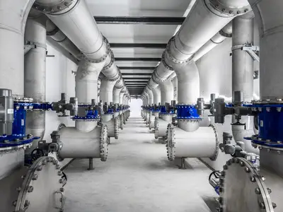 Mediengang mit Abgängen für Spülwasser- und Spülluftrohrleitungen zu den 18 Filterzellen