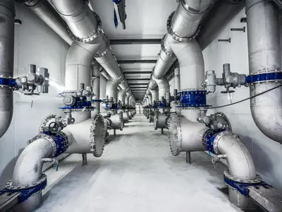 Im Klärwerk Heidelberg wird das Abwasser über den Mediengang mit Abgängen für Spülwasser- und Spülluftrohrleitungen zu den 18 Filterzellen der vierten Reinigungsstufe geleitet.